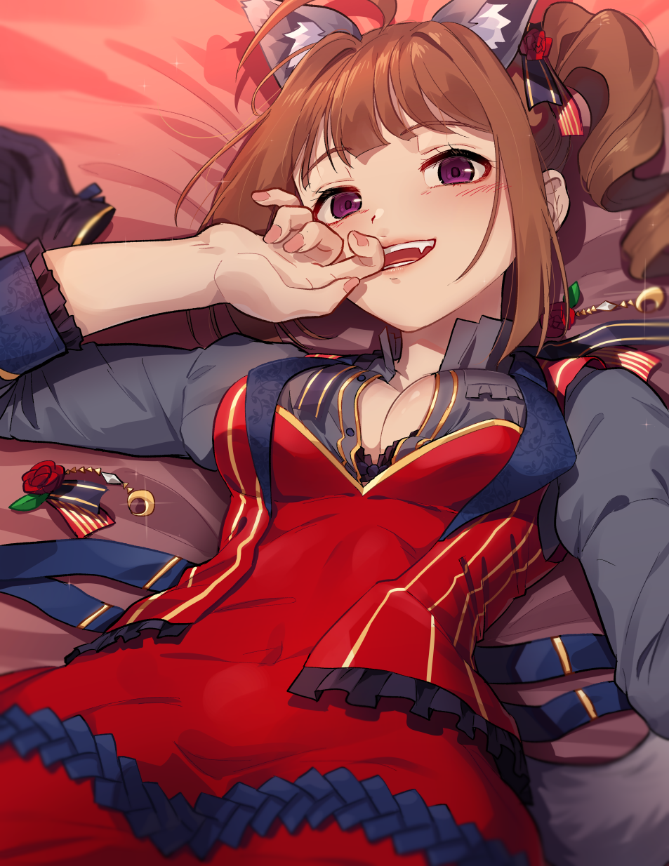 1girl ahoge animal_ears bangs bed blunt_bangs blush bra bra_peek breasts brown_hair center_opening cleavage covered_navel dog_ears dog_tail dress drill_ponytail eyebrows_visible_through_hair fang flower foreshortening from_below glint gold hair_flower hair_ornament hand_to_own_mouth highres idolmaster idolmaster_million_live! idolmaster_million_live!_theater_days kamille_(vcx68) looking_at_viewer lower_teeth lying medium_breasts naughty_face on_back on_bed open_mouth ponytail purple_eyes red_dress rose self_shot side_ponytail sidelocks smile tail teeth underwear upper_body upper_teeth wing_collar yokoyama_nao