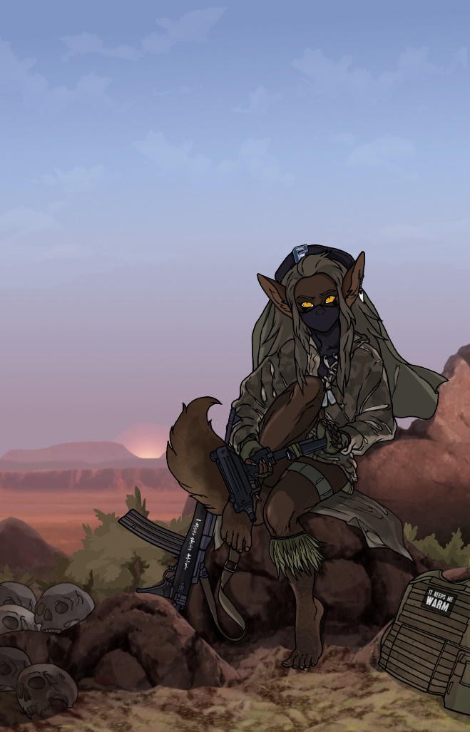 aleone alyph_ironclaws animal_humanoid armor assault_rifle barefoot beret blue_sky body_armor bone brown_body brown_fur camo camo_clothing camo_print canid canid_humanoid canine canine_humanoid canyon clothing cloud dark_body dark_fur dark_skin detailed_background dog_tags ear_piercing ear_ring facemask female fingerless_gloves fur gloves grass gun handwear hat headgear headwear humanoid jackal_humanoid jacket jewelry looking_at_viewer machine_pistol mammal mammal_humanoid military_clothing nature necklace pattern_clothing piercing plant politics ranged_weapon rebel reloading rifle rock ruger shrub sitting skull sky solo submachine_gun sunrise topwear tribal uzi weapon yellow_eyes