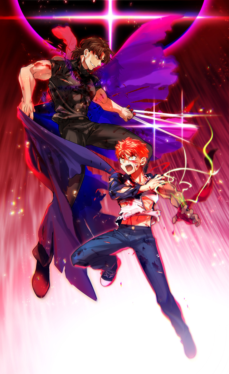 2boys black_keys blood blood_on_face bloody_clothes brown_hair denim emiya_shirou fate/stay_night fate_(series) fighting fighting_stance full_body heaven's_feel highres jeans kotomine_kirei looking_at_another male_focus multiple_boys outstretched_arm pants red_hair smile sunday31 torn_clothes yellow_eyes