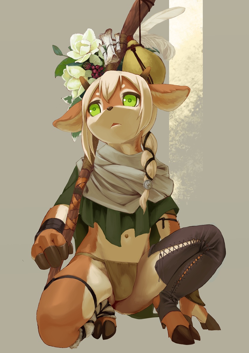 ambiguous_gender anthro berry bindle blonde_hair bone bottomwear cervid cervine clothing cloven_hooves crouching feathers fingers flower food fruit fur gourd green_eyes hair hi_res hooved_fingers hooves horn kemoisumi kemono kuroi_sumi legwear loincloth mammal navel plant ponytail shawl simple_background solo stockings