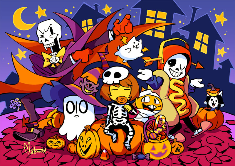 3boys annoying_dog artist_name astigmatism_(undertale) belt_boots black_pants blue_jacket blue_skin boots bow bowtie brown_hair candy candy_cane cape cloak closed_eyes colored_skin commentary crescent_moon dark_skin english_commentary fang flowes food frisk_(undertale) froggit ghost gloves grin halloween halloween_bucket halloween_costume hat hot_dog_costume jack-o'-lantern jacket leaf_pile lollipop mask monster_kid_(undertale) moon multiple_boys multiple_others napstablook night night_sky nina_matsumoto no_socks one_eye_closed open_mouth pants papyrus_(undertale) pink_footwear pumpkin purple_jacket purple_pants purple_suit red_gloves sans signature skeleton sky slippers smile star_(sky) star_(symbol) starry_sky swirl_lollipop teeth temmie undertale vegetoid whimsun winged_footwear wings witch_hat yellow_bow