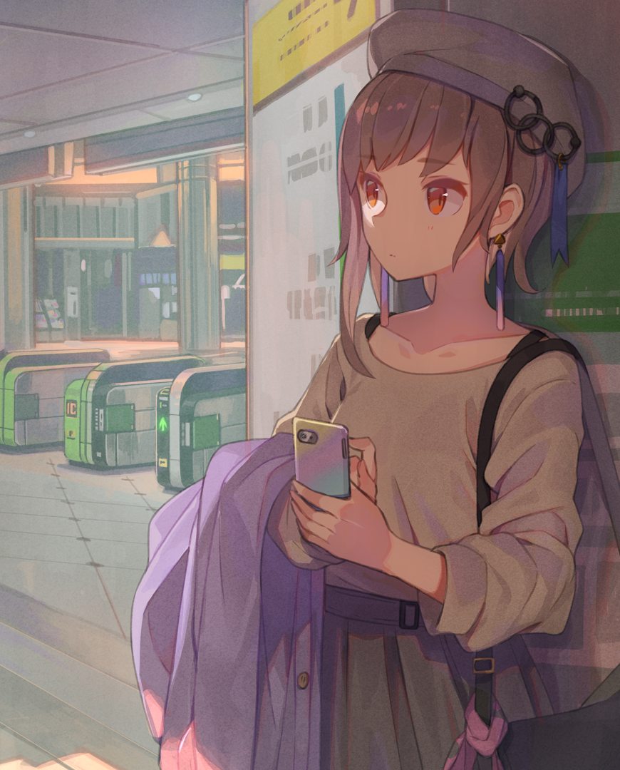 1girl asymmetrical_hair bag bangs beret brown_hair cellphone closed_mouth collarbone commentary_request earrings expressionless eyebrows_visible_through_hair grey_skirt hat holding holding_phone indoors jacket jacket_removed jewelry long_sleeves orange_eyes original phone pink_jacket shoulder_bag skirt smartphone solo tomioka_jirou train_station upper_body white_headwear