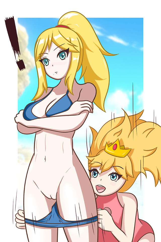 2girls artist_request assisted_exposure bangs bare_shoulders bikini bikini_pull blonde_hair blue_bikini blue_eyes blue_sky blush border bottomless breast_hold breasts cleavage cloud cloudy_sky crossed_arms crown day eyebrows_visible_through_hair high_ponytail jewelry large_breasts long_hair looking_ahead looking_at_another mario_(series) medium_breasts metroid mole mole_under_mouth multiple_girls navel one-piece_swimsuit open_mouth outdoors outside_border pantsing pink_swimsuit ponytail princess_peach pulled_by_another pussy samus_aran sidelocks sky source_request swimsuit undressing upper_teeth white_border