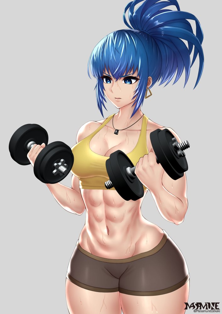 1girl abs bangs biceps black_shorts blue_eyes blue_hair breasts dog_tags dumbbell earrings high_ponytail jewelry leona_heidern masamune_oekaki midriff muscle muscular_female navel ponytail shorts solo sweat sweatdrop tank_top the_king_of_fighters training triangle_earrings watermark web_address wide_hips yellow_tank_top