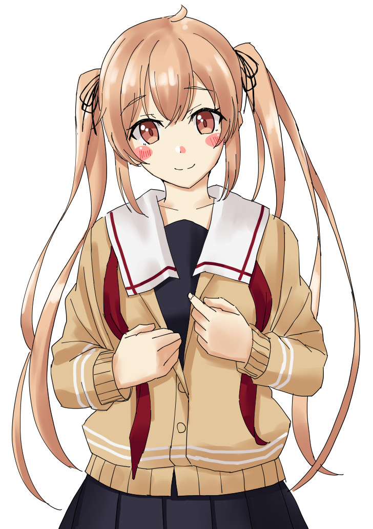 1girl beige_cardigan black_serafuku black_skirt blush_stickers brown_eyes cardigan cowboy_shot kantai_collection light_brown_hair long_hair mayura2002 murasame_(kantai_collection) neckerchief neckerchief_removed open_cardigan open_clothes pleated_skirt red_neckwear sailor_collar school_uniform serafuku simple_background skirt smile solo twintails white_background white_sailor_collar