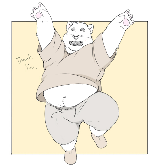2020 anthro belly bottomwear canid canine canis clothing domestic_dog eyes_closed inunoshippo kemono male mammal navel overweight overweight_anthro overweight_male pants shirt solo topwear