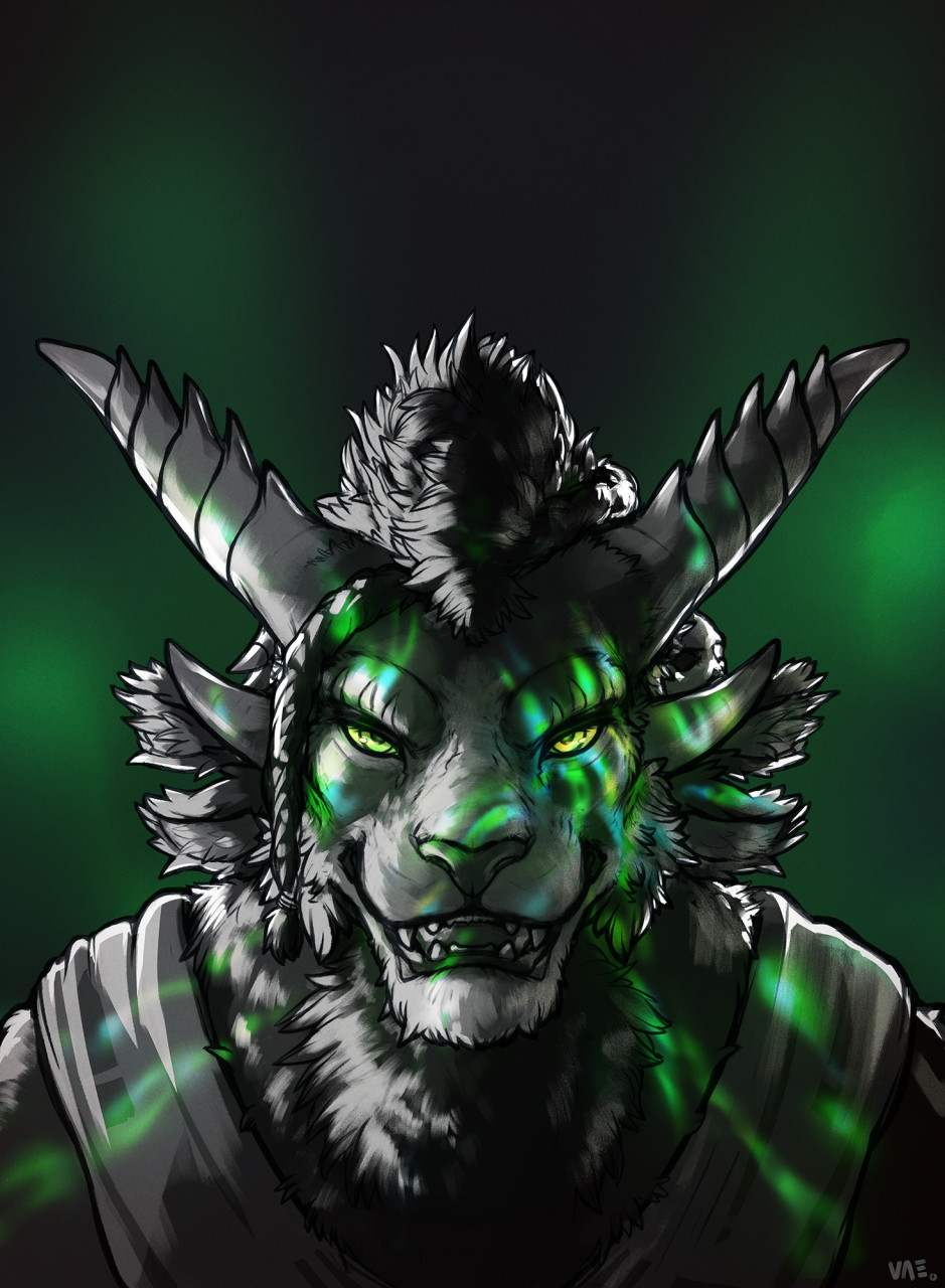 4_ears anthro asideasea charr clothed clothing digital_media_(artwork) felid feline front_view fur guild_wars guildwars2 hair hi_res horn looking_at_viewer male mammal multi_ear portrait simple_background smile solo tuft vateo video_games