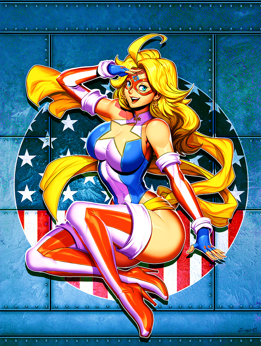 1girl ahoge american_flag american_flag_print arm_at_side ass bangs bare_shoulders blonde_hair blue_eyes boots breasts cleavage cleavage_cutout clothing_cutout collar covered_navel drop_shadow earrings elbow_gloves eye_mask fingerless_gloves fingernails flag_print floating forehead from_side full_body genzoman glint gloves gold halterneck high_heel_boots high_heels highleg highleg_leotard impossible_clothes impossible_leotard jewelry large_breasts legs_up leotard linea_alba lips long_hair multicolored multicolored_clothes muscle nose open_mouth original parted_hair patriotism pinup_(style) rivets salute sash shiny shiny_skin sideboob signature slender_waist smile solo star_(symbol) star_cutout star_earrings striped_footwear superhero swept_bangs taut_clothes taut_leotard teeth thick_thighs thigh_boots thighhighs thighs tongue tsurime upper_teeth wavy_hair yellow_sash