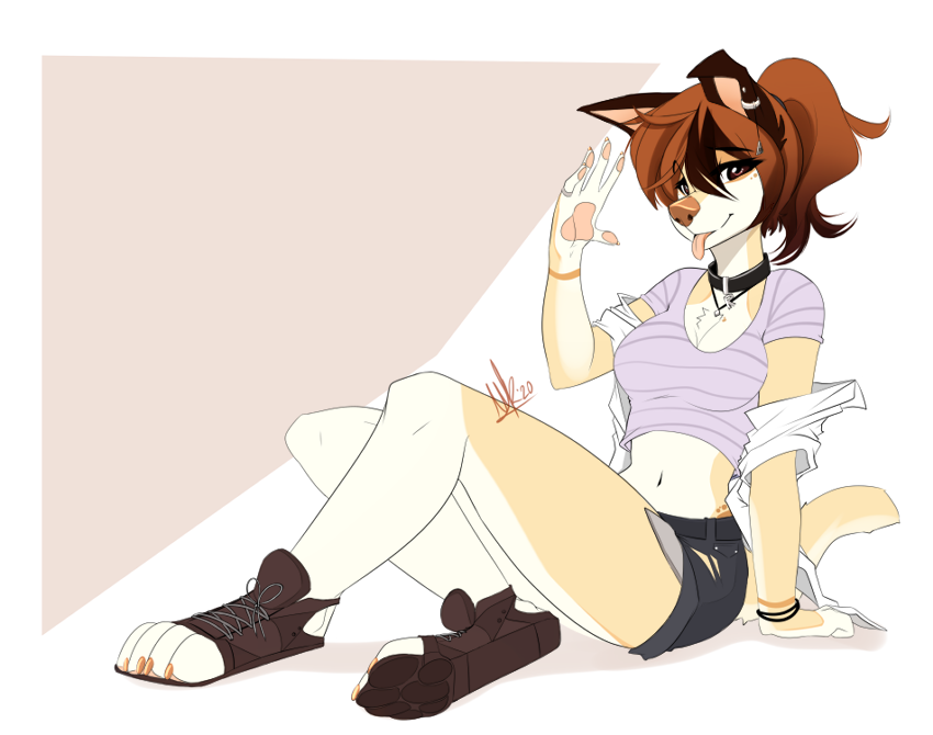 2020 4_toes 5_fingers anthro breasts brown_eyes brown_hair brown_nose canid canine canis clothed clothing digital_media_(artwork) domestic_dog eyebrows eyelashes female fingers hair mammal midriff navel smile solo toes wolf wolflady
