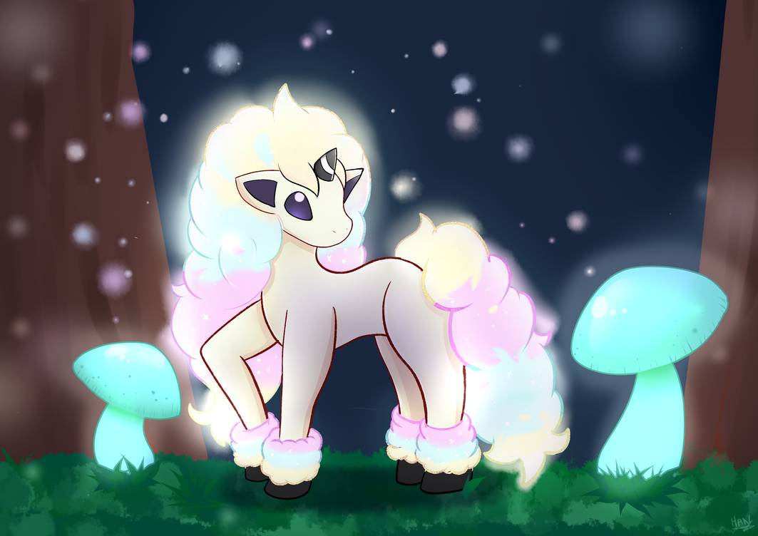 ambiguous_gender equid equine feral forest fungus galarian_ponyta horn light_hooves light_mane mammal mushroom night nintendo pok&eacute;mon pok&eacute;mon_(species) regional_form_(pok&eacute;mon) solo tree unknown_artist video_games