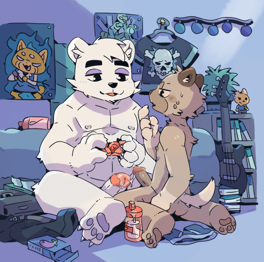 2020 aggressive_retsuko anthro balls bedroom brown_body brown_fur condom detailed_background duo erection fur genitals haida humanoid_genitalia humanoid_penis inside kemono male male/male mammal musical_instrument paws penis polar_bear retsuko rokuyon sanrio sexual_barrier_device shirota ursid ursine white_body white_fur