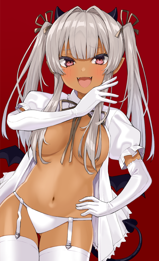 1girl babydoll bat_wings blush breasts dark_skin dark_skinned_female demon_girl demon_tail dutch_angle elbow_gloves fangs garter_straps gloves gomashi_(goma) hair_censor hand_on_hip horns long_hair looking_at_viewer low_wings medium_breasts navel no_bra ojou-sama_pose open_mouth original panties pointy_ears red_background red_eyes solo succubus tail thighhighs twintails underwear white_gloves white_hair white_legwear white_panties wings
