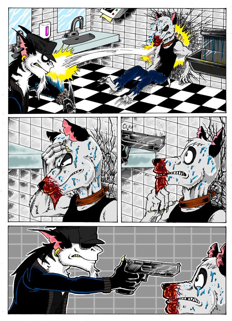 aardwolf angry anthro bathroom black_clothing black_hair black_nose black_shirt black_stripes black_tank_top black_topwear blood bodily_fluids bottomwear canid canine canis claws clothing clusterskulls collar comic comic_page denim denim_clothing domestic_dog duo ear_piercing ear_ring eyes_hidden fur gun gun_to_head hair hand_on_head handgun hat headgear headwear hyaenid jeans magra_(clusterskulls) male mammal mullet nosebleed pants piercing pink_inner_ear pistol pistol_out public_restroom rage_face ranged_weapon shirt sink steve_(clusterskulls) stripes tank_top tears teeth throwing throwing_character tile_floor tile_wall topwear violence weapon wet white_body white_fur yellow_claws yellow_teeth