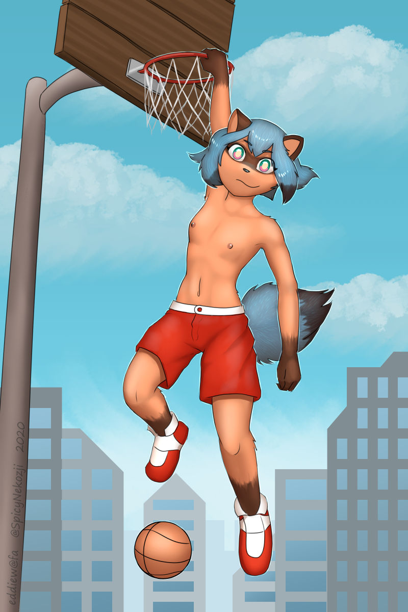 anthro basketball basketball_hoop biped blue_body blue_fur bottomwear brand_new_animal breasts building canid canine city cityscape clothed clothing dipstick_tail eddiew female footwear fur gym_bottomwear gym_clothing gym_shorts hi_res mammal michiru_kagemori multicolored_tail navel nipples outside plantigrade procyonid raccoon raccoon_dog shoes shorts small_breasts sneakers solo studio_trigger tanuki topless