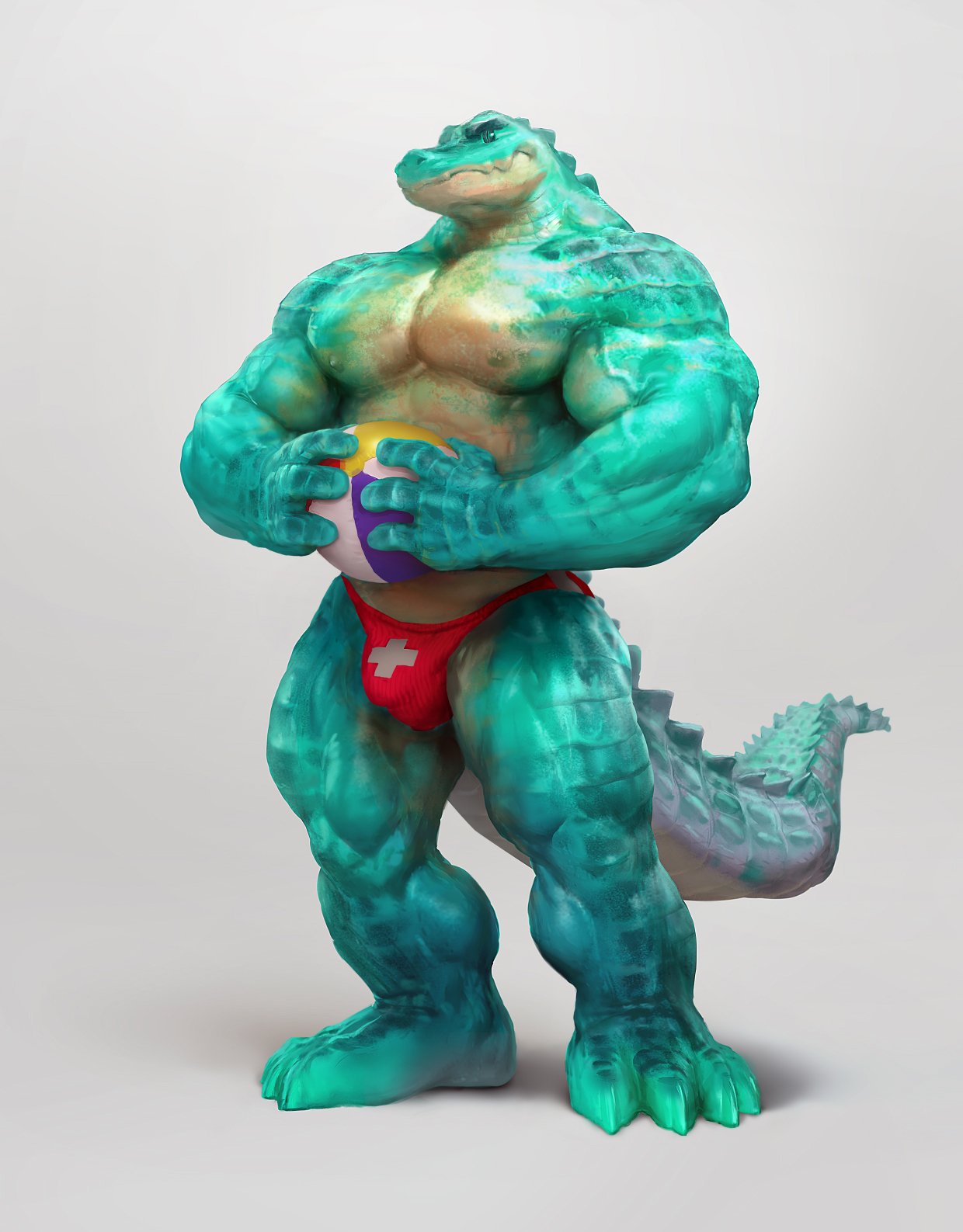 2018 4_fingers 4_toes anthro ball balls_outline beach_ball big_muscles bulge clothed clothing countershade_torso countershading crocodile crocodilian crocodylid fingers genital_outline green_body green_scales grey_background hi_res holding_ball holding_object huge_muscles jockstrap lifeguard male muscular muscular_anthro muscular_arms muscular_legs muscular_male nipples pecs penis_outline red_clothing red_jockstrap red_underwear reptile scales scalie scutes simple_background solo standing toes topless topless_male uleezoo underwear underwear_only