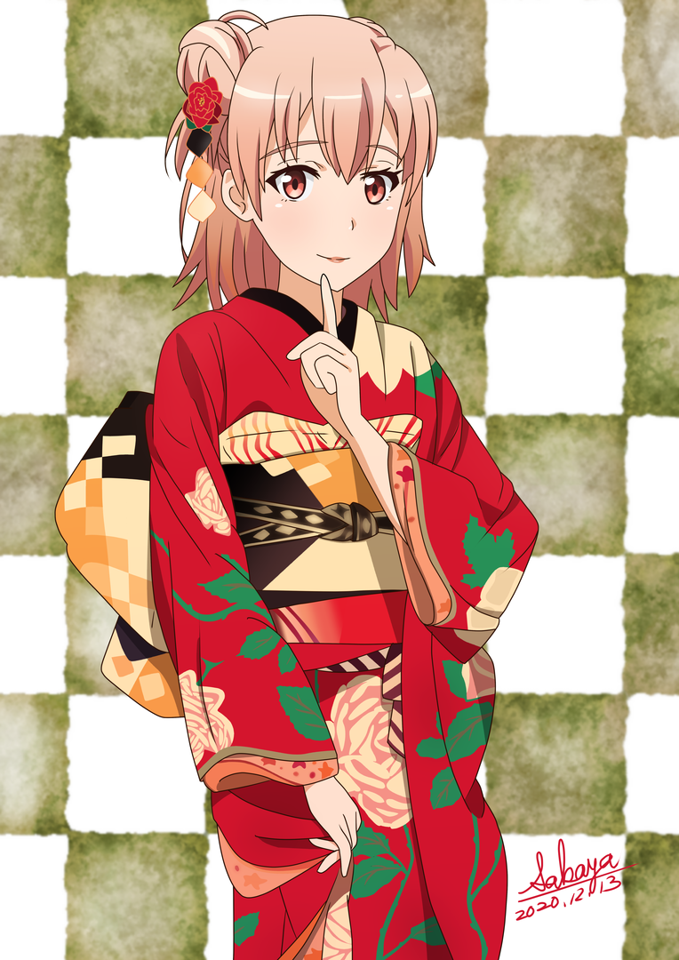 1girl bangs brown_hair checkered checkered_background closed_mouth commentary_request dated eyebrows_visible_through_hair floral_print flower hair_between_eyes hair_bun hair_flower hair_ornament hand_up index_finger_raised japanese_clothes kimono looking_at_viewer obi print_kimono red_eyes red_flower red_kimono sakayaya sash side_bun signature smile solo yahari_ore_no_seishun_lovecome_wa_machigatteiru. yuigahama_yui