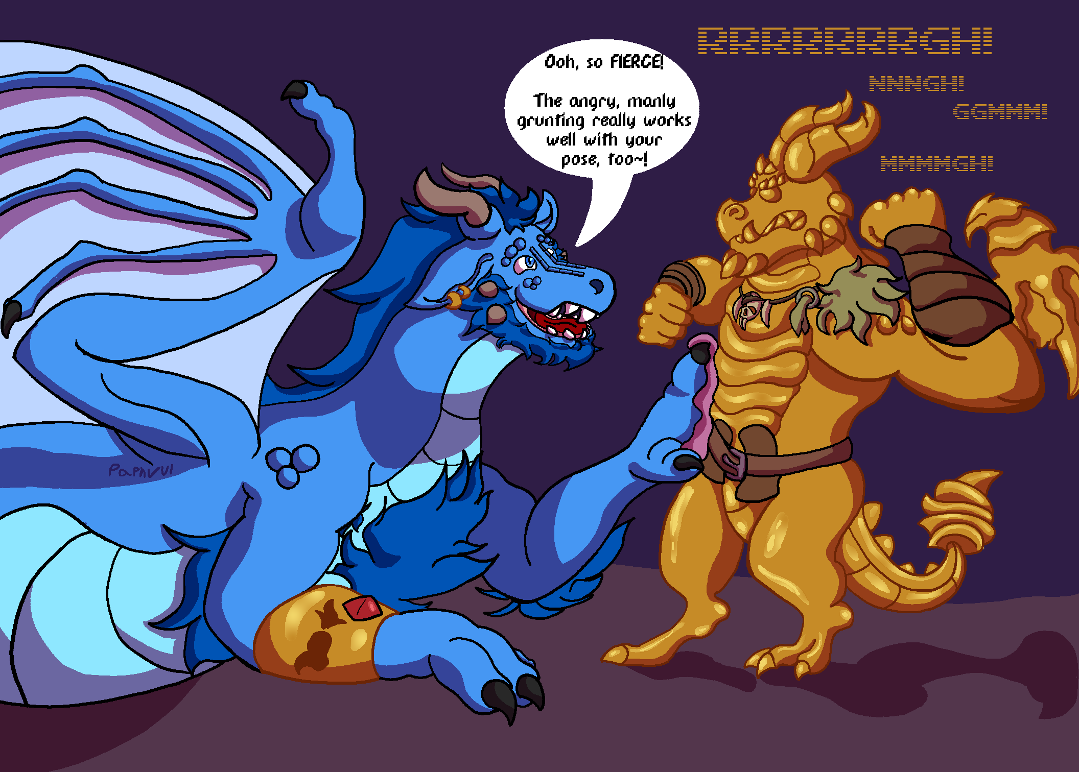 angry anthro bubba_(spyro) dragon duo english_text feral gloating hi_res male male/male muscular muscular_male overweight overweight_male paphvul petrification polishing smug_grin teasing text transformation