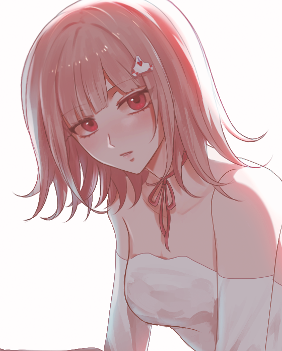 1girl alternate_costume bangs bare_shoulders blunt_bangs breasts brown_hair choker collarbone commentary_request danganronpa detached_sleeves dress eyebrows_visible_through_hair face hair_ornament hairclip looking_at_viewer medium_breasts medium_hair nanami_chiaki parted_lips pink_ribbon porary red_eyes ribbon ribbon_choker simple_background solo super_danganronpa_2 upper_body white_background white_dress white_sleeves