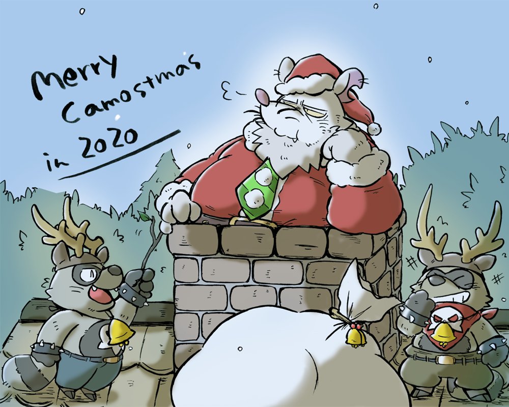 2020 5:4 anthro belly bomb_boy_(breeze_in_the_clouds) bottomwear breeze_in_the_clouds camo_(breeze_in_the_clouds) christmas christmas_clothing christmas_headwear clothing costume detailed_background didelphid eyes_closed fur group hat headgear headwear holidays male mammal marsupial okudami outside overweight overweight_male pants procyonid raccoon santa_claus santa_costume santa_hat shorty_(breeze_in_the_clouds) virginia_opossum white_body white_fur