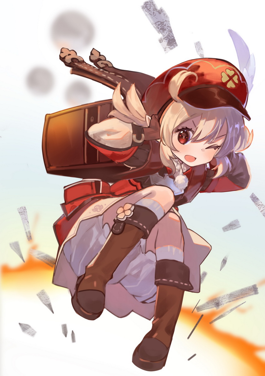 1girl ahoge backpack bag blonde_hair blush brown_bag brown_footwear brown_gloves commentary covering_ears explosion feathers genshin_impact gloves hair_between_eyes hat hat_feather highres klee_(genshin_impact) long_hair okishiji_en one_eye_closed open_mouth pointy_ears red_eyes red_headwear socks solo twintails white_legwear
