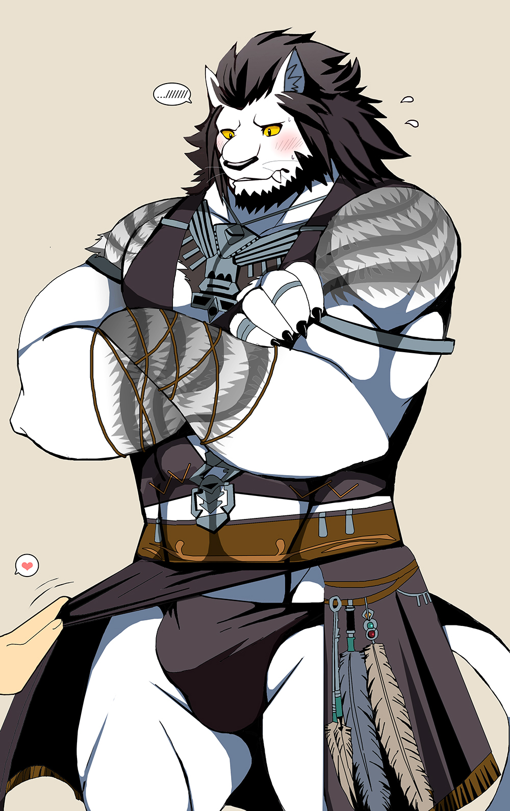 &lt;3 2020 abs amber_sclera anthro armband beard bearlovestiger13 biceps black_body black_fur black_hair blush bodily_fluids bulge claws clothed clothing clothing_lift clothing_pull crossed_arms embarrassed facial_hair fangs felid final_fantasy final_fantasy_xiv finger_claws fur gloves hair handwear hi_res hrothgar human jewelry male mammal multicolored_body multicolored_fur muscular muscular_anthro muscular_male portrait quads raised_clothing ring robe runar_(ffxiv) sharp_teeth simple_background square_enix standing sweat teeth three-quarter_portrait triceps two_tone_body two_tone_fur underwear video_games whiskers white_body white_fur
