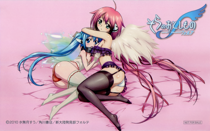 2010 2girls ahoge aqua_eyes arm_on_head ass astraea bed_sheet black_legwear blonde_hair blue_eyes blush breasts camisole copyright dated feathered_wings flat_chest garter_straps hair_ribbon ikaros large_breasts logo long_hair lying multiple_girls not_for_sale official_art on_side open_mouth panties pink_hair pointy_ears red_panties ribbon robot_ears sora_no_otoshimono thighhighs underwear underwear_only very_long_hair white_legwear white_panties white_wings wings
