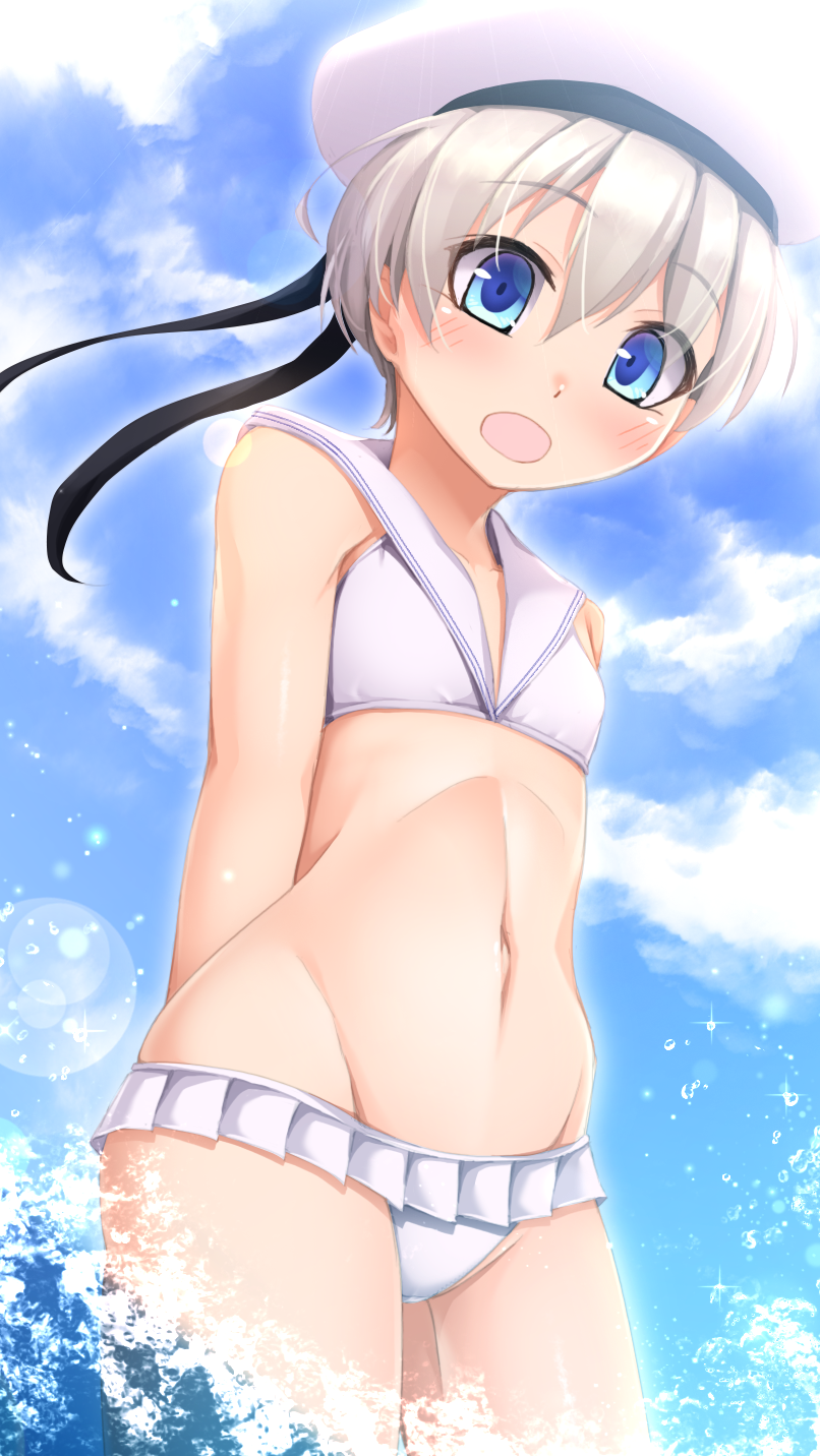 1girl arms_behind_back bikini_skirt blue_eyes blue_sky cloud day gorito hat highres kantai_collection looking_at_viewer microskirt open_mouth outdoors pleated_skirt sailor_bikini sailor_collar sailor_hat short_hair silver_hair skirt sky solo standing white_headwear white_sailor_collar z1_leberecht_maass_(kantai_collection)