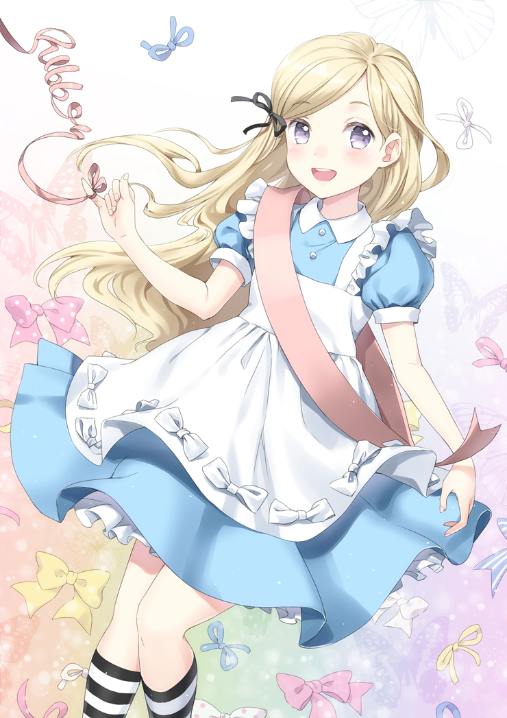 1girl alice_(wonderland) alice_in_wonderland arm_up blonde_hair blue_dress blue_eyes butterfly_background dress eyebrows_visible_through_hair feet_out_of_frame hair_ribbon kneehighs layered_dress light_blush long_hair looking_at_viewer multicolored multicolored_background open_mouth original petticoat pinafore_dress puffy_short_sleeves puffy_sleeves ribbon sash short_sleeves smile solo string string_of_fate striped striped_legwear unya_(unya-unya) upper_teeth very_long_hair