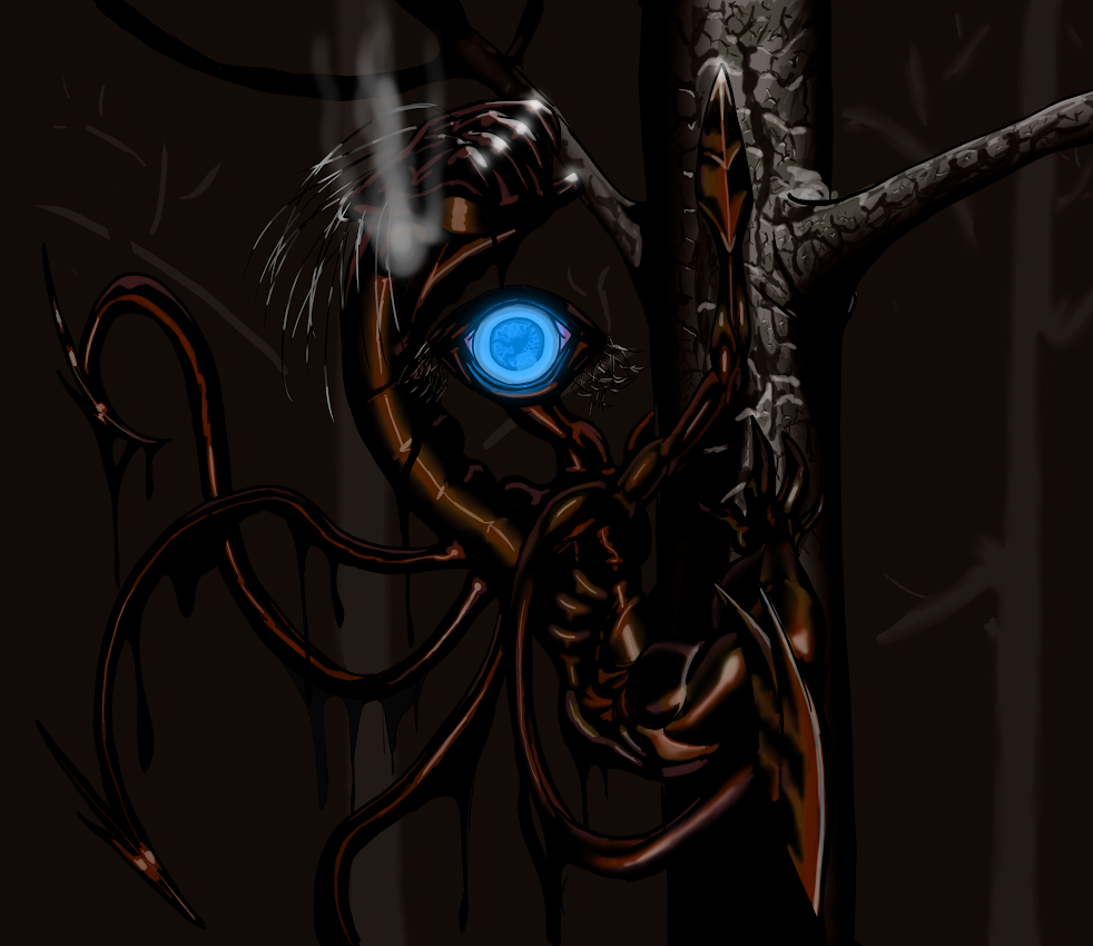 1_eye creepy dahbastard digital_drawing_(artwork) digital_media_(artwork) digitaldrawing eukayoticprokaryote glowing glowing_eyes monster oil oily oneeye oneeyed plant tentacles tree