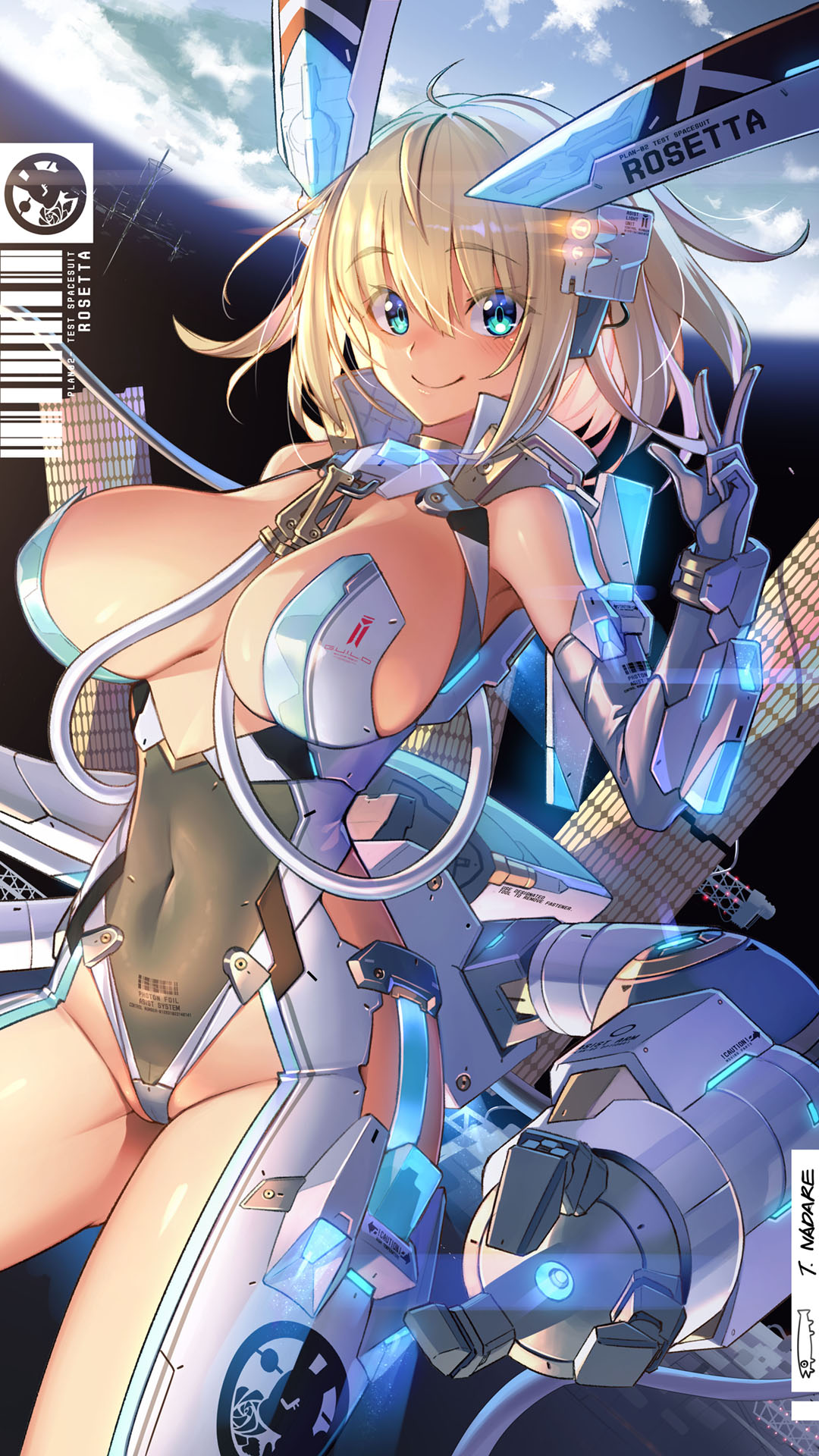 1girl ahoge artist_name bangs barcode barcode_tattoo blonde_hair blue_eyes blush breasts covered_navel earth elbow_gloves feet_out_of_frame gloves groin headgear highres large_breasts leotard mecha_musume nadare-san_(nadare3nwm) original pubic_tattoo satellite short_hair sidelocks smile solo space tattoo thighs v white_gloves