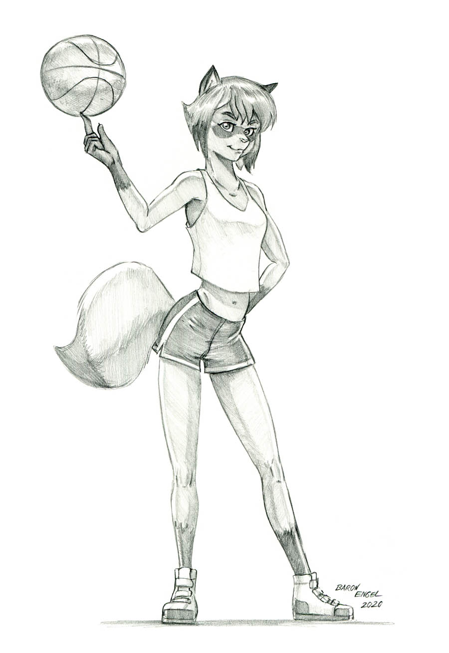 2020 anthro ball baron_engel basketball_(ball) bottomwear brand_new_animal canid canine clothing female footwear graphite_(artwork) hi_res mammal michiru_kagemori monochrome netflix pencil_(artwork) raccoon_dog shirt shoes shorts signature solo sport studio_trigger tank_top tanuki topwear traditional_media_(artwork)