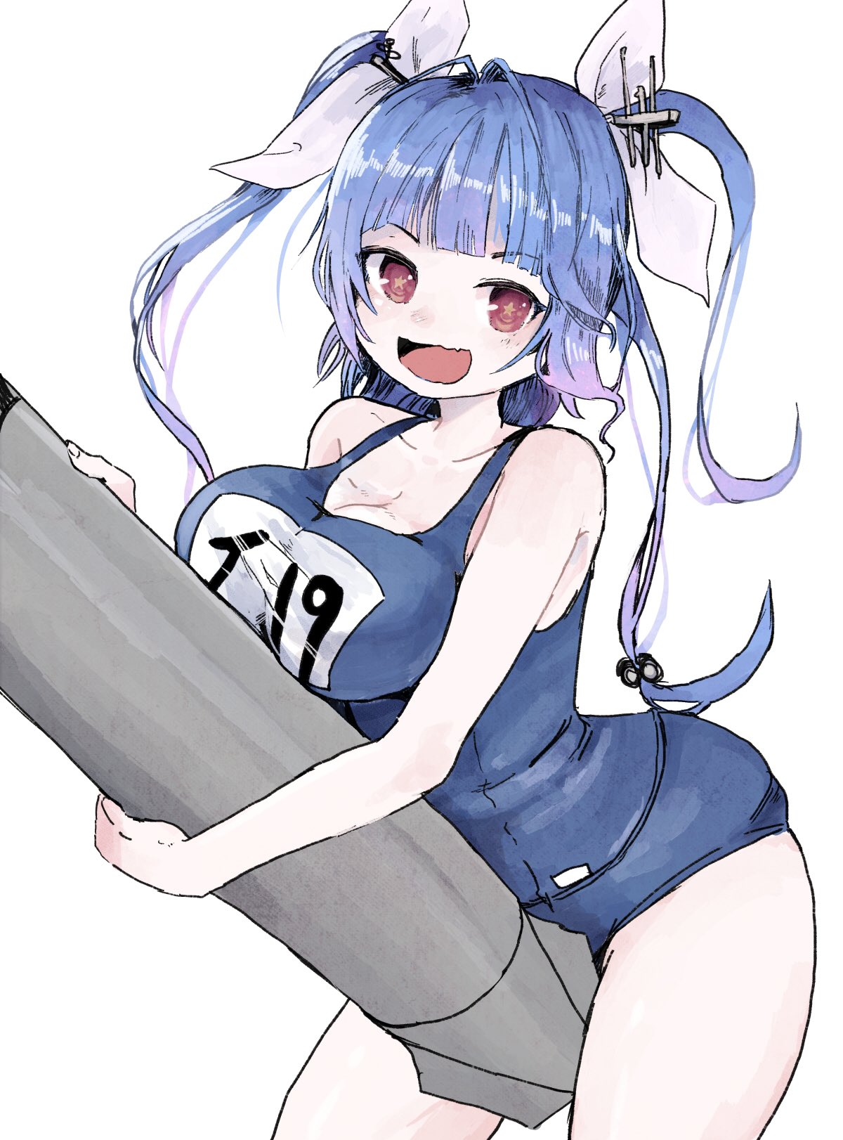 1girl blue_hair character_name commentary_request commission cowboy_shot hair_ribbon highres holding holding_torpedo i-19_(kantai_collection) kantai_collection long_hair looking_at_viewer name_tag one-piece_swimsuit open_mouth red_eyes ribbon school_swimsuit simple_background smile solo star-shaped_pupils star_(symbol) swimsuit symbol-shaped_pupils tori_knkr torpedo tri_tails white_background