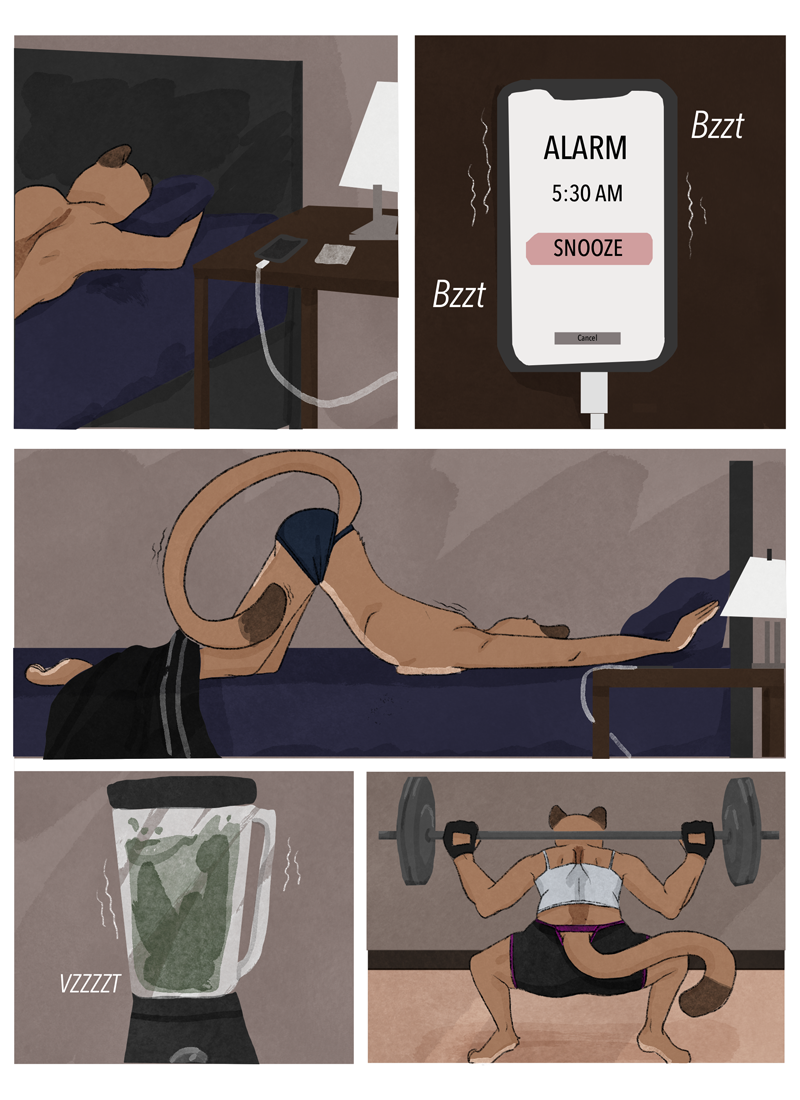 anthro athletic athletic_anthro athletic_female bed bedroom bedroom_setting breasts clothed clothing comic comic_page comic_panel cougar digital_drawing_(artwork) digital_media_(artwork) english_text exercise felid feline female fur furniture mammal pantherine side_boob sleeping solo stretching tan_body tan_fur text thatgaygoat toned_body toned_female toned_stomach topless topless_female underwear weightlifting white_body white_fur workout