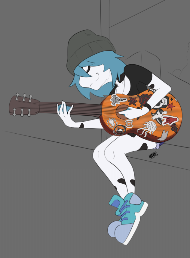 amazon_milk_frog amphibian anthro aria_whittemore beanie blue_hair clothed clothing crossed_legs eyes_closed female footwear frog guitar hair hat headgear headwear membrane_(anatomy) musical_instrument novacantnames plucked_string_instrument shirt shoes simple_background sitting smile sneakers solo spots stickers string_instrument t-shirt topwear tree_frog webbed_hands white_body white_skin