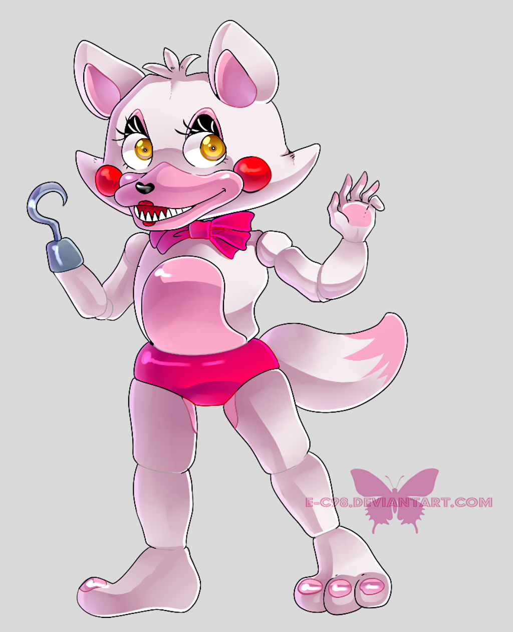 2015 alpha_channel animatronic anthro biped bow_tie canid canine clothing dipstick_tail e-c98 five_nights_at_freddy's five_nights_at_freddy's_2 fox girly head_tuft hi_res hook_hand lipstick looking_aside machine makeup male mammal mangle_(fnaf) multicolored_body multicolored_tail open_mouth open_smile panties pink_clothing pink_panties pink_underwear raised_arm red_cheeks robot sharp_teeth simple_background smile solo teeth text transparent_background tuft underwear url video_games watermark white_body yellow_eyes