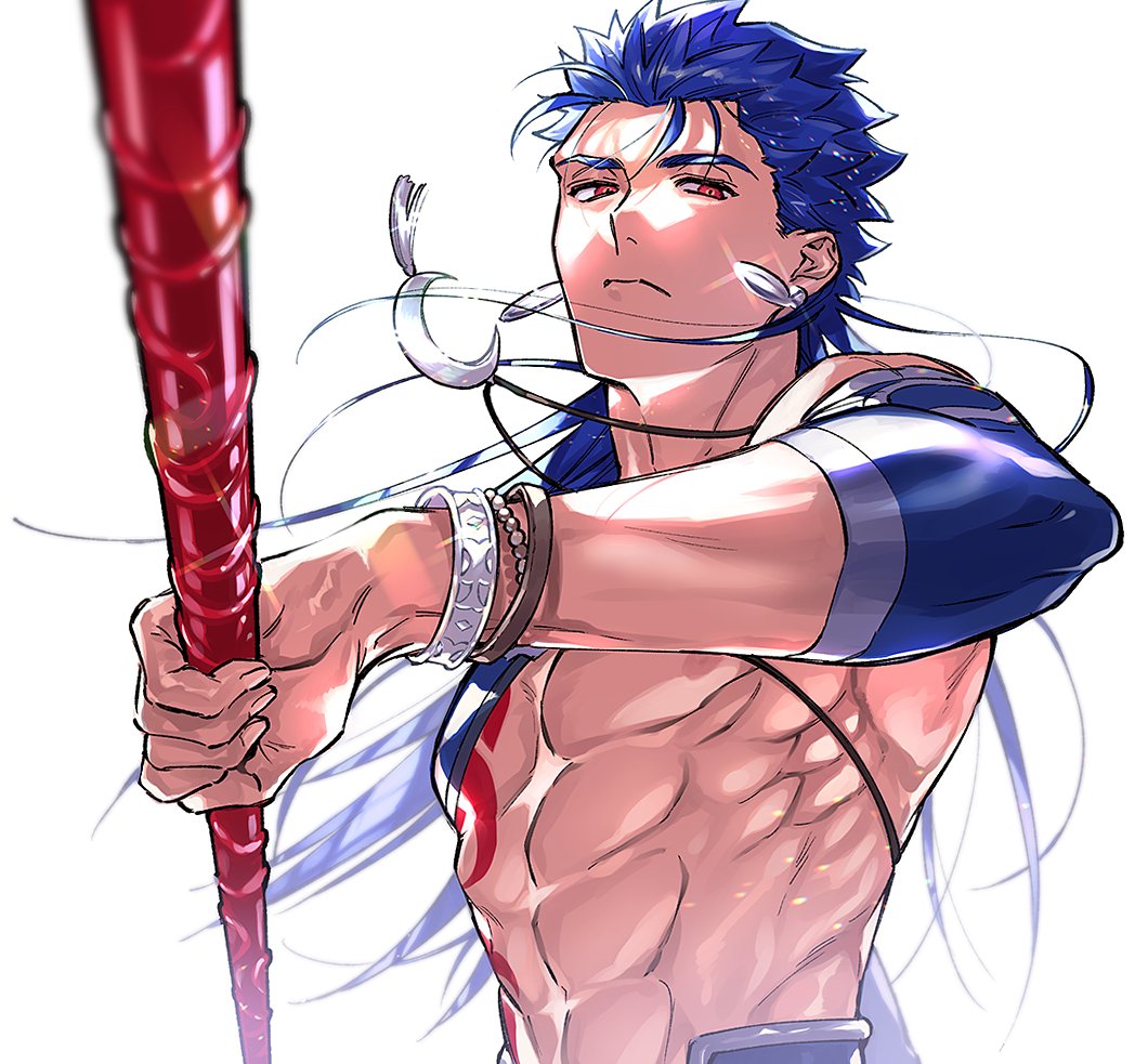 1boy abs blue_hair bodypaint bracelet closed_mouth crescent_necklace cu_chulainn_(fate)_(all) earrings expressionless fate/grand_order fate/stay_night fate_(series) floating_hair foreshortening gae_bolg hair_down holding holding_polearm holding_weapon incoming_attack jewelry lancer long_hair looking_at_viewer male_focus muscle polearm red_eyes shirtless simple_background skin_tight solo spiked_hair strap type-moon uni_(nico02) weapon white_background