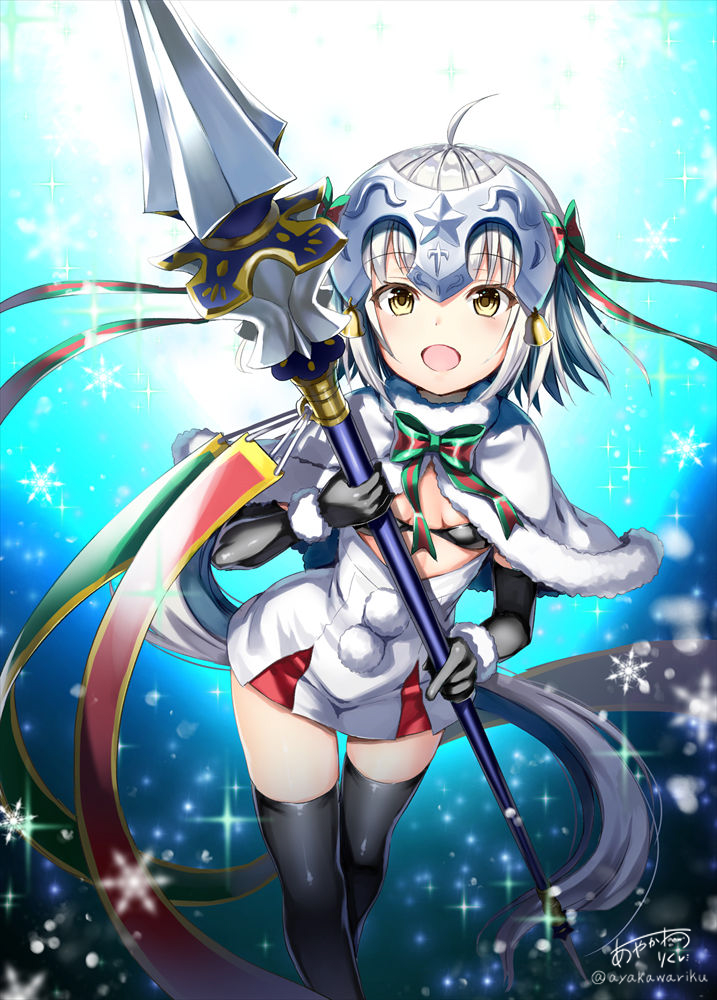 1girl ahoge ayakawa_riku bangs bell bikini black_bikini black_gloves black_legwear blush bow breasts capelet dress elbow_gloves fate/grand_order fate_(series) fur-trimmed_capelet fur_trim gloves green_bow green_ribbon headpiece jeanne_d'arc_(fate)_(all) jeanne_d'arc_alter_santa_lily long_hair looking_at_viewer open_mouth polearm ribbon short_dress silver_hair small_breasts smile snowflakes spear striped striped_bow striped_ribbon swimsuit thighhighs very_long_hair weapon white_capelet white_dress yellow_eyes