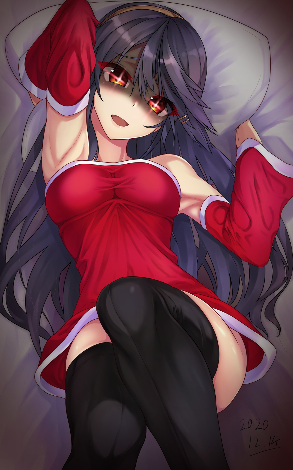 1girl :d alternate_costume armpits arms_up bangs bare_shoulders bed_sheet black_hair black_legwear blush breasts brown_hairband carmine_(ucdio) dated detached_sleeves dress eyebrows_visible_through_hair glowing glowing_eyes hair_ornament hairband hairclip haruna_(kantai_collection) head_tilt highres kantai_collection legs_up lens_flare long_hair long_sleeves looking_at_viewer lying medium_breasts on_back on_bed open_mouth pillow red_dress red_eyes santa_costume shaded_face sheet_grab short_dress smile solo thighhighs very_long_hair yandere