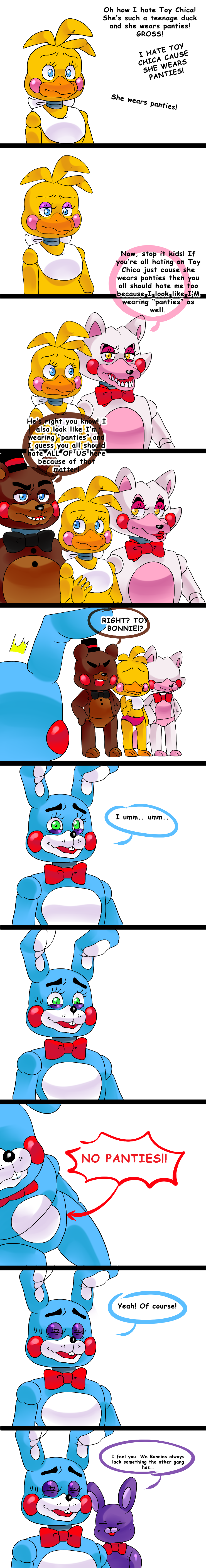 2015 absurd_res animatronic anthro avian beak bird blue_body blue_eyes bodily_fluids bonnie_(fnaf) bow_tie brown_body canid canine chicken clothing dialogue e-c98 english_text eyes_closed female five_nights_at_freddy's five_nights_at_freddy's_2 fox freckles galliform gallus_(genus) green_eyes group head_tuft hi_res lagomorph leporid long_image looking_at_another looking_down looking_up machine male mammal mangle_(fnaf) multicolored_body nervous open_mouth panties phasianid pink_cheeks pink_clothing pink_panties pink_underwear purple_body rabbit red_cheeks robot speech_bubble sweat tagme tall_image text toy_bonnie_(fnaf) toy_chica_(fnaf) toy_freddy_(fnaf) tuft underwear ursid ursine video_games white_body yellow_body yellow_eyes