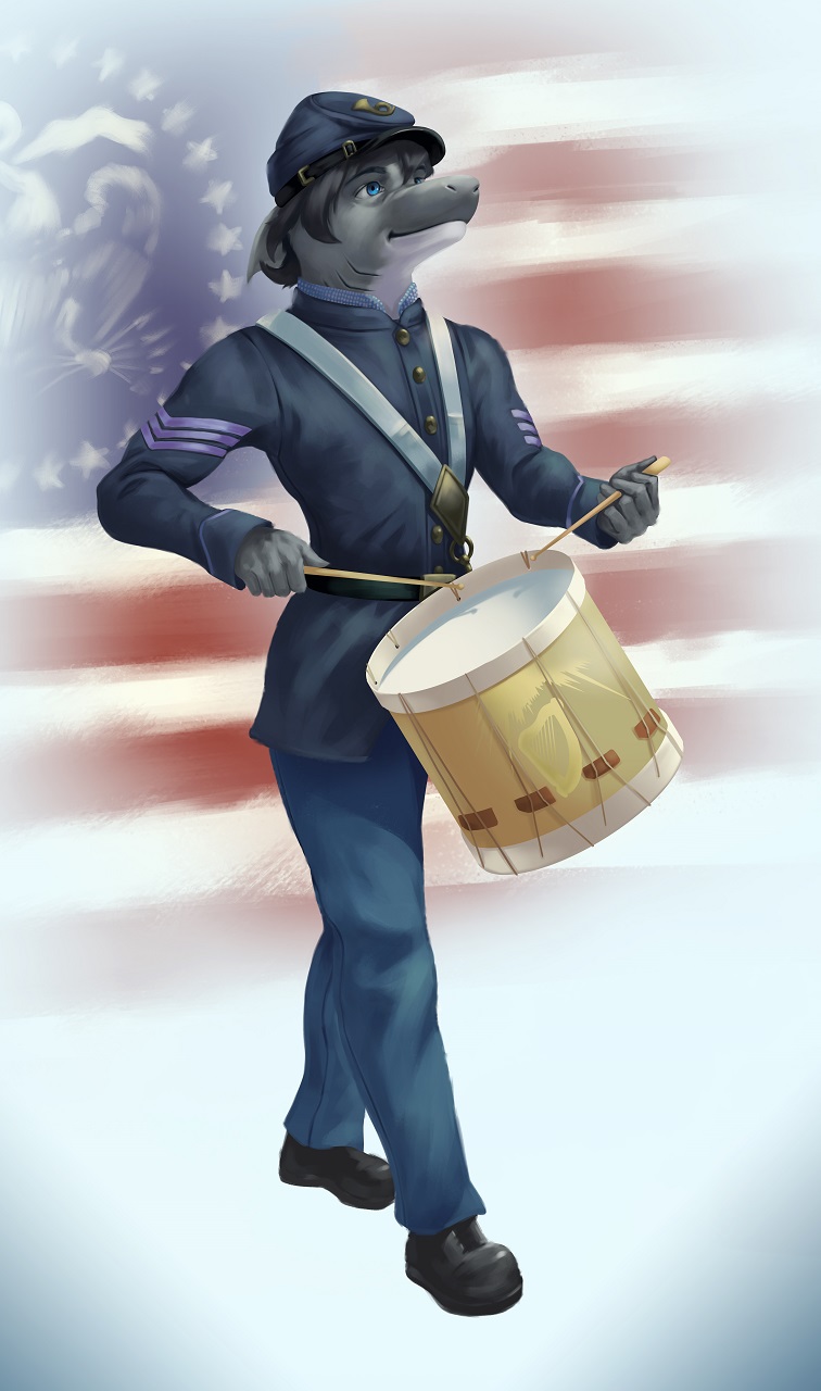 2019 american_civil_war anthro blue_eyes clothed clothing detailed_background drum drumming drumming_stick eyebrows fish flag_background footwear fully_clothed grey_hair hair hat headgear headwear hi_res male marine military military_cap military_clothing military_jacket military_pants military_uniform musical_instrument percussion_instrument percussion_mallet pimpartist politics shark shoes solo traditional_media_(artwork) uniform united_states_of_america