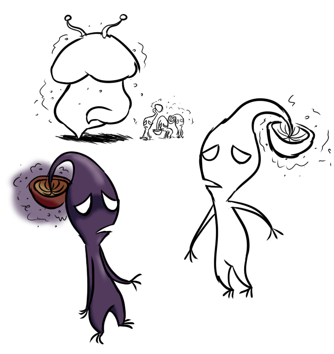 ambiguous_gender elemental_creature flora_fauna fungus gas group line_art mushroom mushroom_cap mushroom_pikmin nintendo pikmin pikmin_(species) pinyaps plant puffstool purple_body sad_eyes simple_background video_games white_background