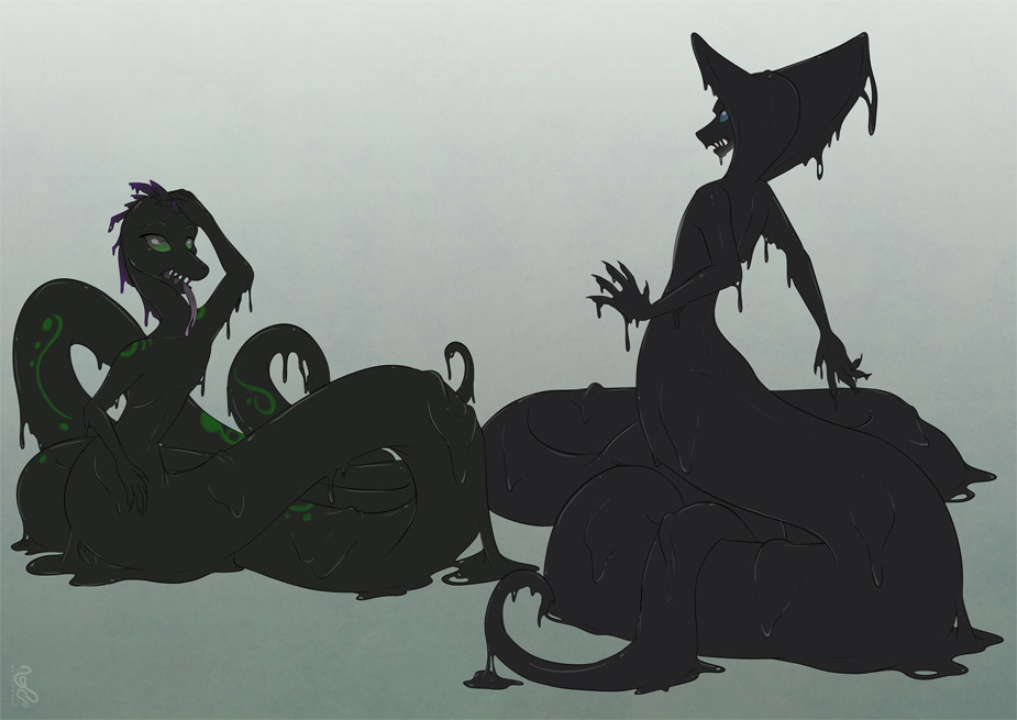 2017 anthro apode arm_markings axel_(axelthecatguy) black_body black_goo claws draconcopode duo fangs goo_creature goo_transformation gradient_background green_eyes green_markingsgrey_background hair hissing legless long_tongue lorkos markings mid_transformation naga nails open_mouth purple_hair reptile scalie sepisnake serpentine sharp_nails shocked_expression shoulder_markings simple_background sitting_on_floor snake snake_hood tail_markings tongue touching_own_head transformation