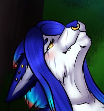 anthro basian blue_hair blue_nose canid canine canis domestic_dog ear_piercing facial_piercing female fur hair husky looking_up low_res mammal mizukithia nordic_sled_dog nose_piercing nose_ring piercing raining solo spitz white_body white_fur yellow_eyes