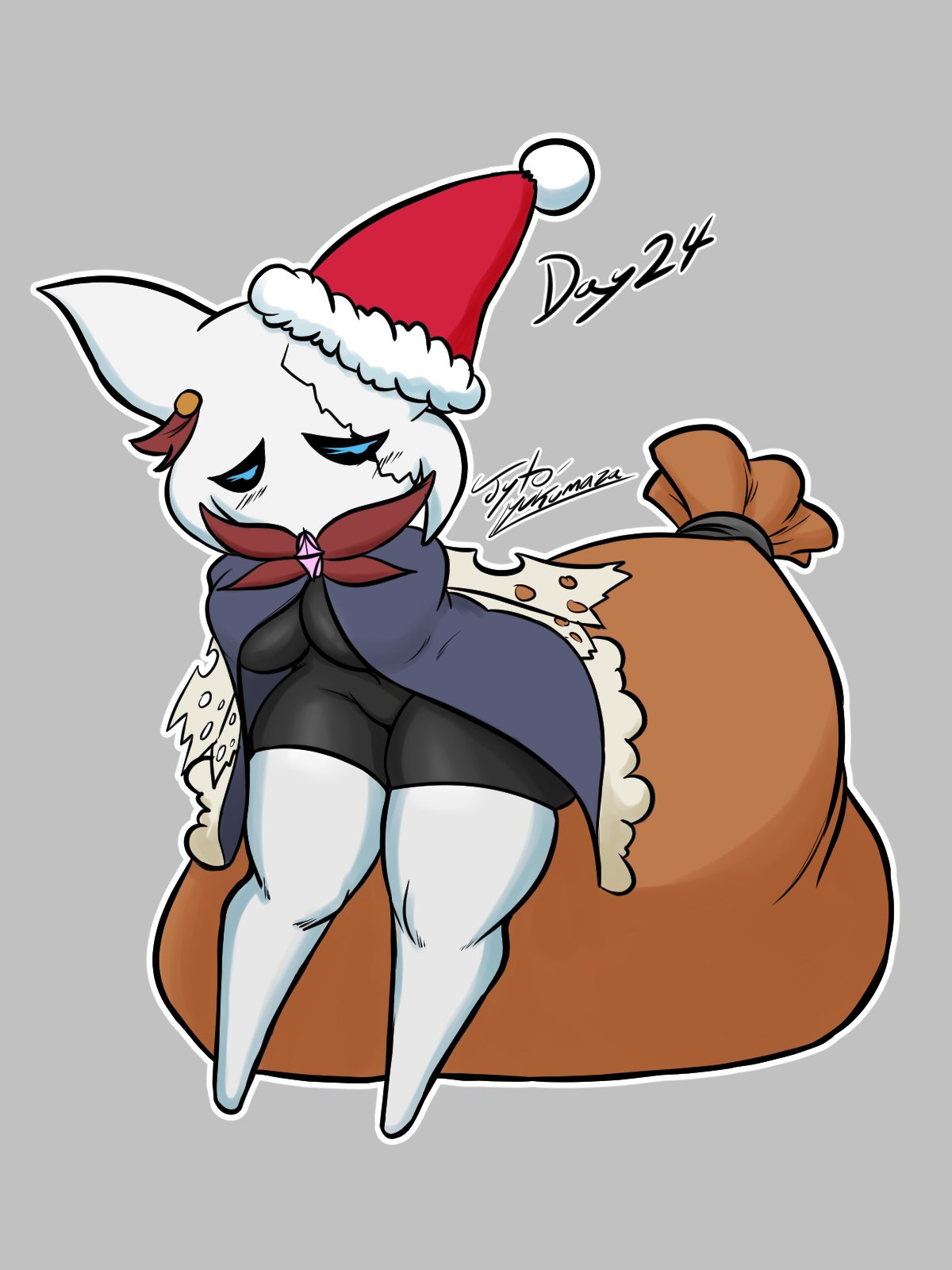 3:4 anthro arthropod big_breasts breasts christmas christmas_clothing christmas_headwear cloak clothed clothing female hat headgear headwear hi_res holidays hollow_knight insect jyto miriam_(hk_fan_character) mouthless non-mammal_breasts sack santa_hat solo team_cherry thigh_stockings vessel_(species) video_games