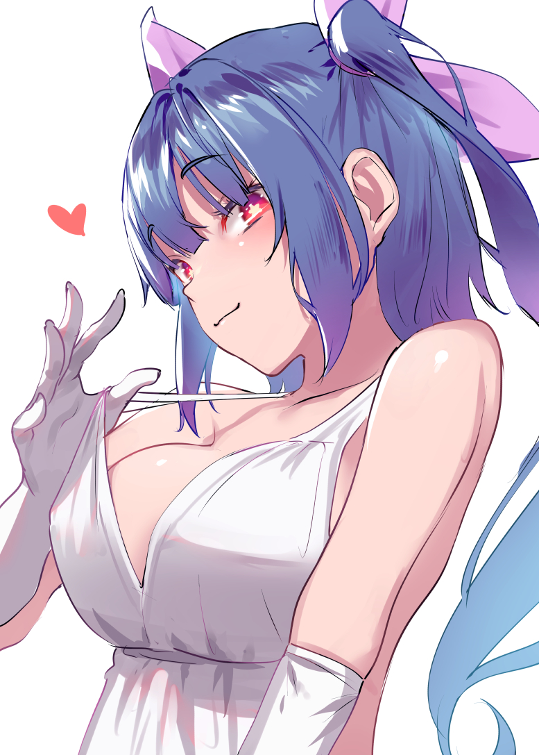 1girl bangs blue_hair blush breasts closed_mouth dress elbow_gloves eyebrows_visible_through_hair gloves heart i-19_(kantai_collection) kantai_collection large_breasts long_hair satsuki_neko simple_background solo star-shaped_pupils star_(symbol) symbol-shaped_pupils tri_tails upper_body white_background white_dress