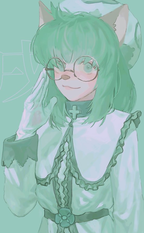 1girl adjusting_eyewear animal_ears arm_at_side bangs cheadle_yorkshire closed_mouth commentary cross dog_ears dog_girl dress glasses gloves green_background green_eyes green_hair green_theme hand_up hat hunter_x_hunter long_hair long_sleeves looking_at_viewer round_eyewear simple_background smile snout solo umi_(k_mpk)