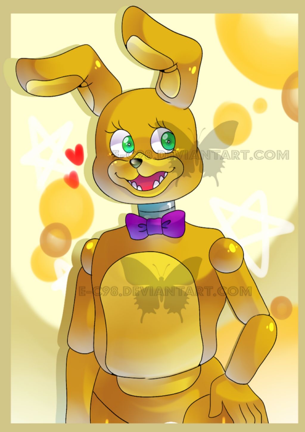 &lt;3 2015 animatronic anthro bow_tie e-c98 five_nights_at_freddy's five_nights_at_freddy's_3 five_nights_at_freddy's_4 girly green_eyes hand_on_hip hi_res lagomorph leporid long_ears looking_aside machine male mammal open_mouth open_smile rabbit robot smile solo spring_bonnie_(fnaf) video_games watermark yellow_body