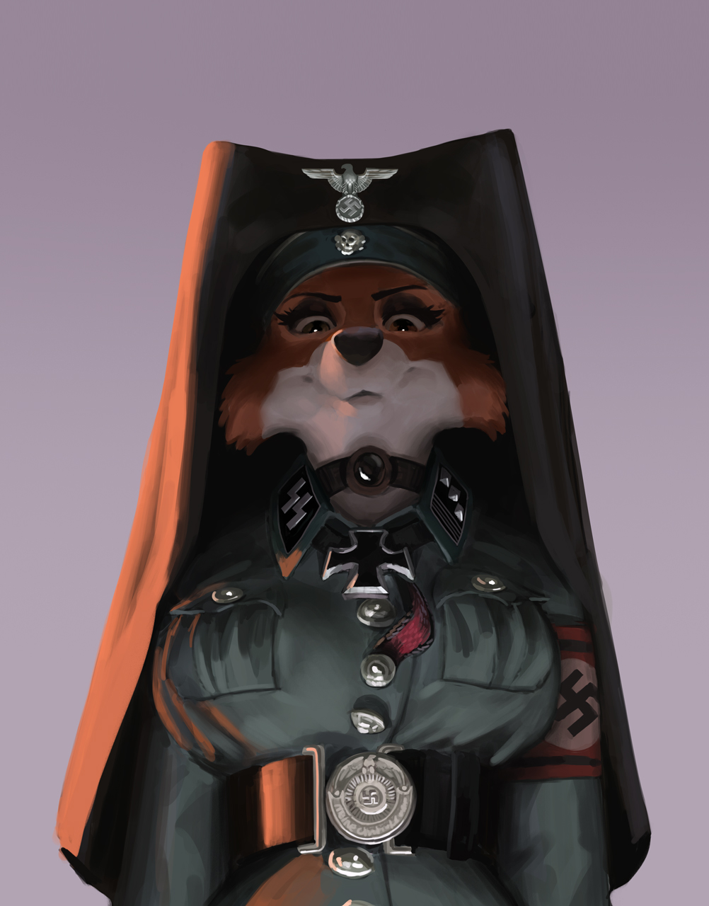 anonymous_artist anthro brown_eyes canid canine choker clothed clothing disney eyelashes female female/female fox fur hat headgear headwear hi_res jewelry looking_down maid_marian mammal multicolored_body multicolored_fur nazi necklace robin_hood_(disney) simple_background smile solo standing suit two_tone_body two_tone_fur unknown_artist