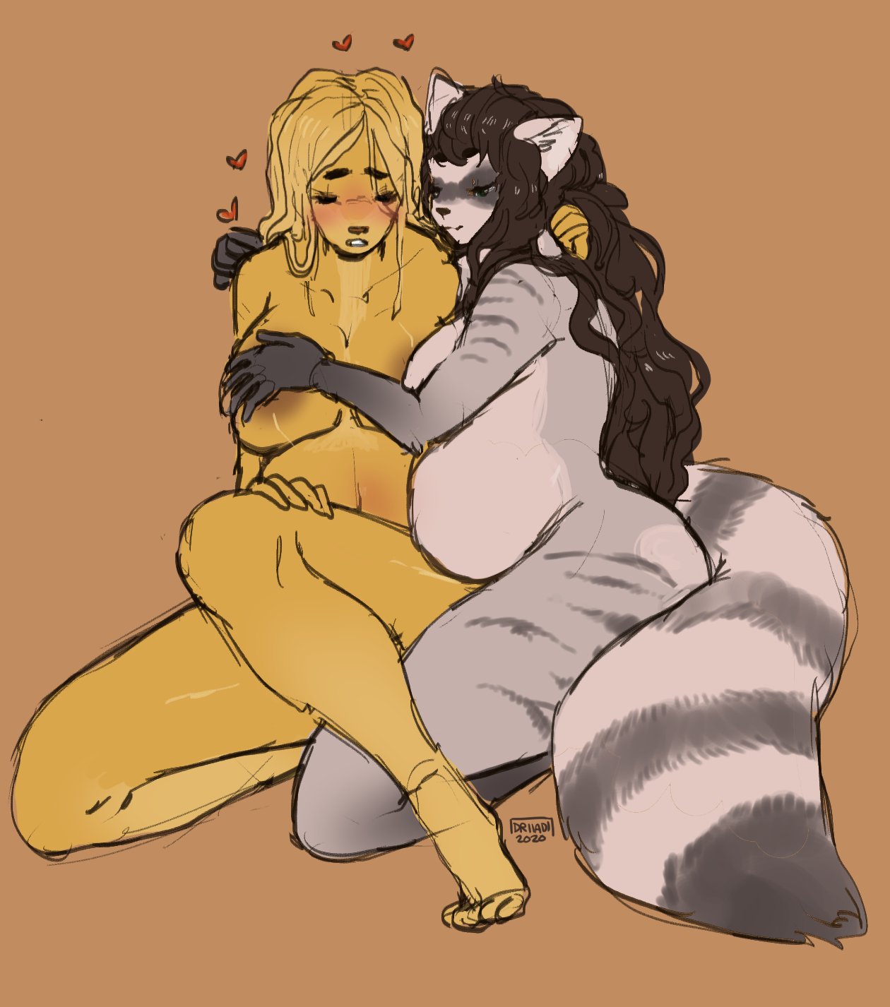 &lt;3 anthro areola blush breasts brown_body brown_fur brown_hair canid canine canis chubby_female cuddling domestic_dog driiadi duo eyes_closed female female/female fluffy fluffy_tail fur grey_body grey_fur hair hand_on_breast hi_res hug hunting_dog mabel_(cherrikissu) mammal pregnant procyonid raccoon renee_(codecreatures) saluki sighthound simple_background slightly_chubby