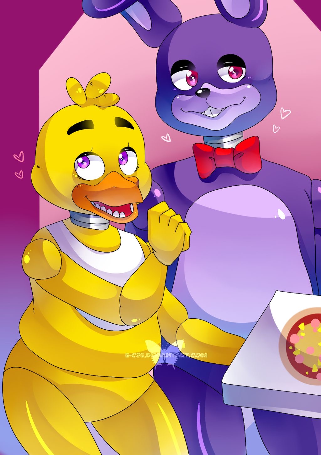 &lt;3 2015 animatronic anthro avian bib bird bonnie_(fnaf) bow_tie chica_(fnaf) chicken duo e-c98 female five_nights_at_freddy's food galliform gallus_(genus) hi_res holding_food holding_object lagomorph leporid long_ears looking_aside looking_up machine male mammal multicolored_body open_mouth open_smile phasianid pink_eyes pizza pizza_box purple_body purple_eyes rabbit raised_arm robot smile video_games watermark yellow_body